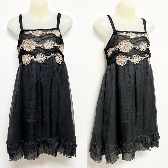 Anthropologie Zehavale Black Ruffle Floral Detail Silk Blend Mini Dress Sz 2 - Picture 1 of 9